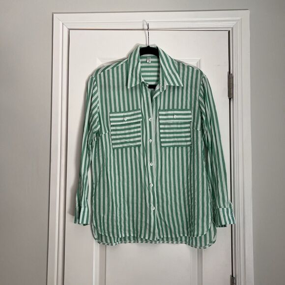 OMSJ Women’s Green And White Striped Button Down Shirt Size Small NWOT Brand New - Picture 2 of 5